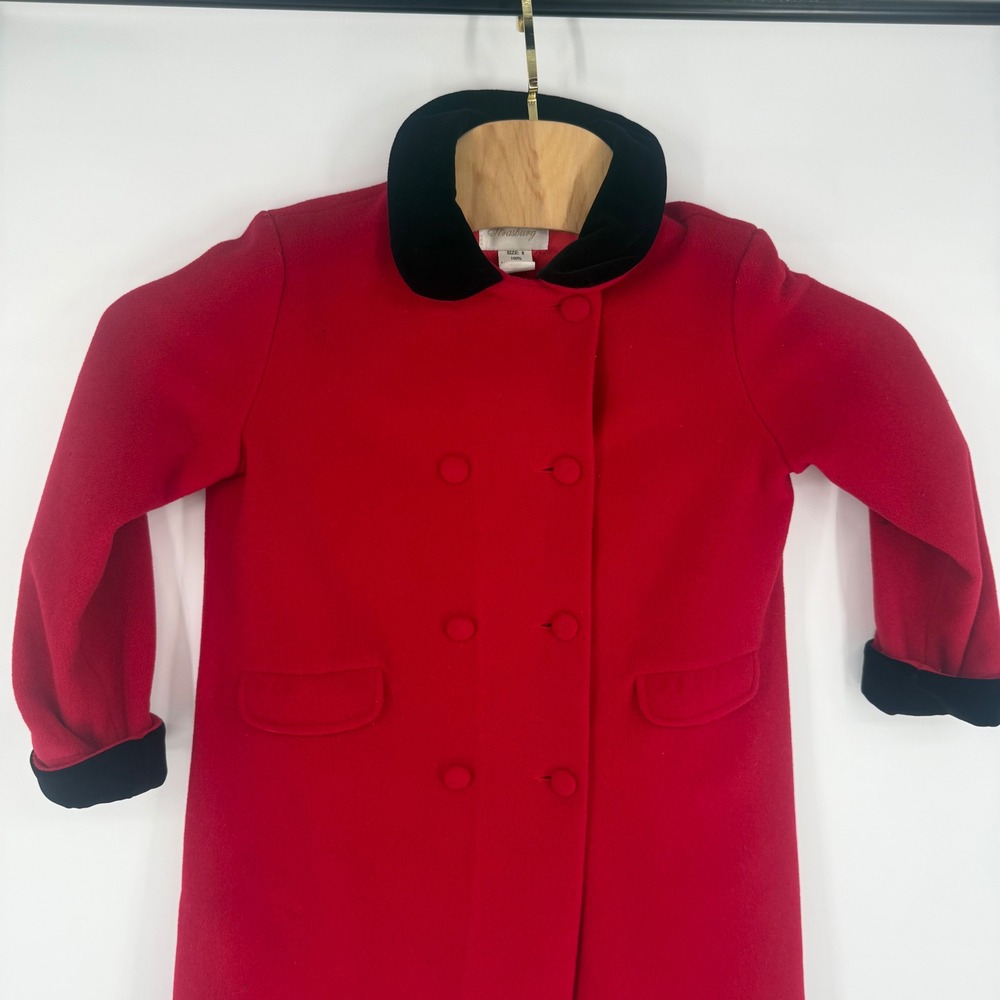 Strasburg Childrens Red Lambswool Coat Black Velvet Collar Girls Size 8 USA Made